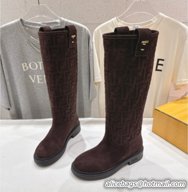 Best Product Fendi Filo Flat High Boots in FF Suede Dark Brown 2025 FE103004 1030019