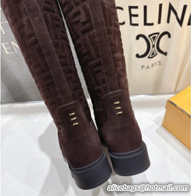 Best Product Fendi Filo Flat High Boots in FF Suede Dark Brown 2025 FE103004 1030019