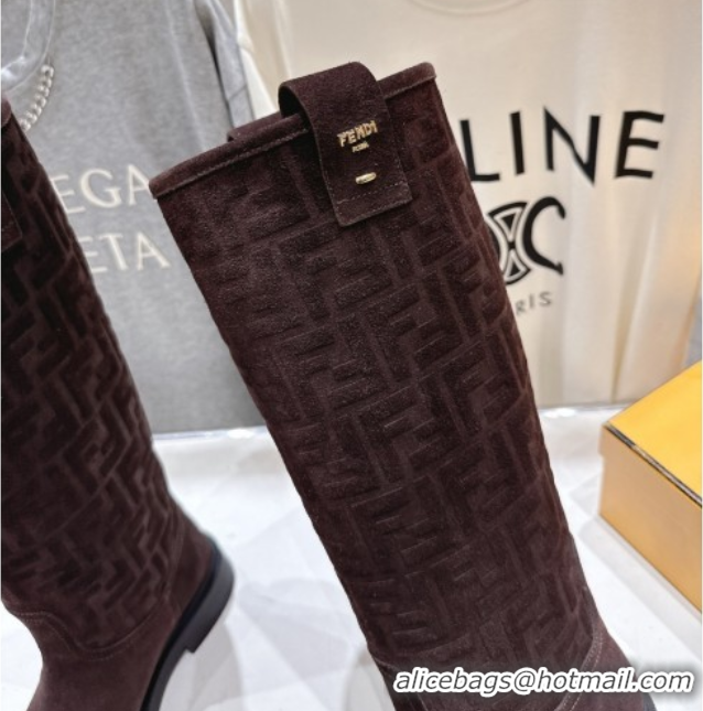 Best Product Fendi Filo Flat High Boots in FF Suede Dark Brown 2025 FE103004 1030019