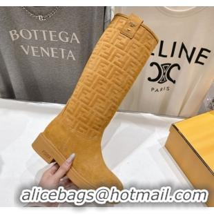Best Price Fendi Filo Flat High Boots in FF Suede Yellow 2025 FE103004 1030020