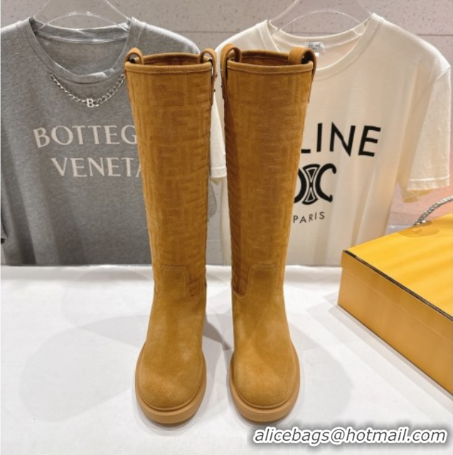 Best Price Fendi Filo Flat High Boots in FF Suede Yellow 2025 FE103004 1030020