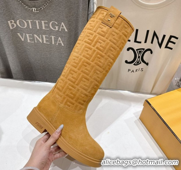 Best Price Fendi Filo Flat High Boots in FF Suede Yellow 2025 FE103004 1030020