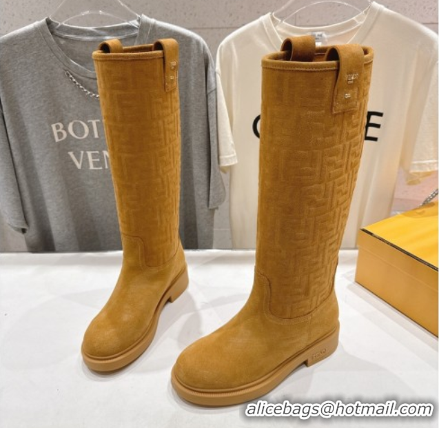 Best Price Fendi Filo Flat High Boots in FF Suede Yellow 2025 FE103004 1030020