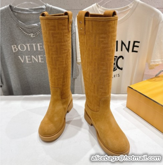 Best Price Fendi Filo Flat High Boots in FF Suede Yellow 2025 FE103004 1030020