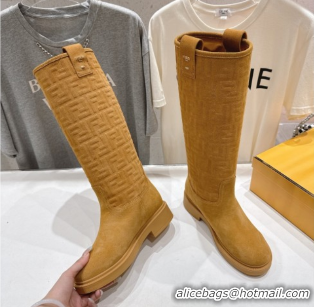 Best Price Fendi Filo Flat High Boots in FF Suede Yellow 2025 FE103004 1030020