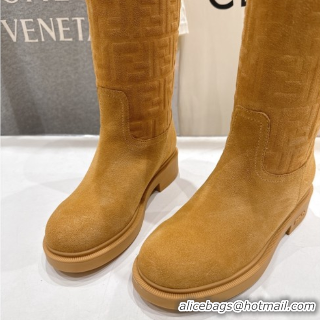 Best Price Fendi Filo Flat High Boots in FF Suede Yellow 2025 FE103004 1030020