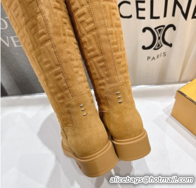 Best Price Fendi Filo Flat High Boots in FF Suede Yellow 2025 FE103004 1030020