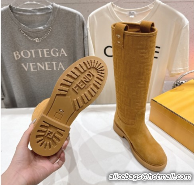 Best Price Fendi Filo Flat High Boots in FF Suede Yellow 2025 FE103004 1030020