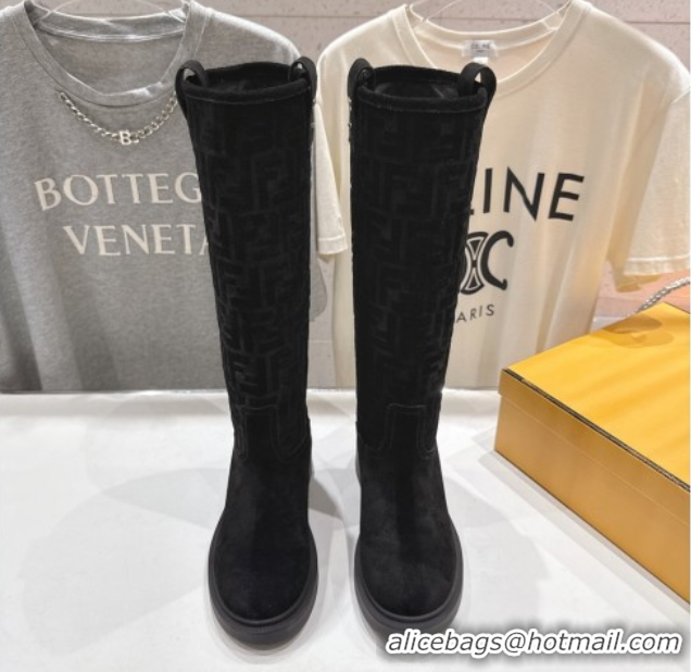 Fashion Luxury Fendi Filo Flat High Boots in FF Suede Black 2025 FE103004 1030021