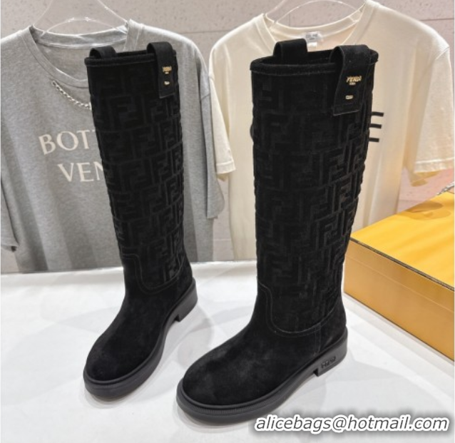 Fashion Luxury Fendi Filo Flat High Boots in FF Suede Black 2025 FE103004 1030021