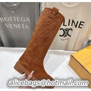 Fashion Fendi Filo Flat High Boots in FF Suede Light Brown 2025 FE103004 1030022