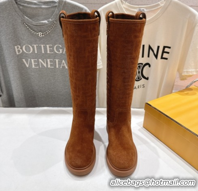 Fashion Fendi Filo Flat High Boots in FF Suede Light Brown 2025 FE103004 1030022