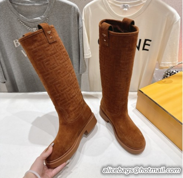 Fashion Fendi Filo Flat High Boots in FF Suede Light Brown 2025 FE103004 1030022