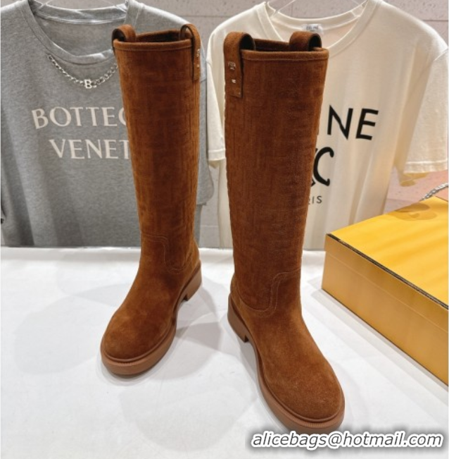 Fashion Fendi Filo Flat High Boots in FF Suede Light Brown 2025 FE103004 1030022