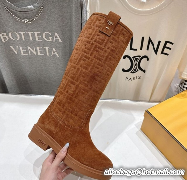 Fashion Fendi Filo Flat High Boots in FF Suede Light Brown 2025 FE103004 1030022