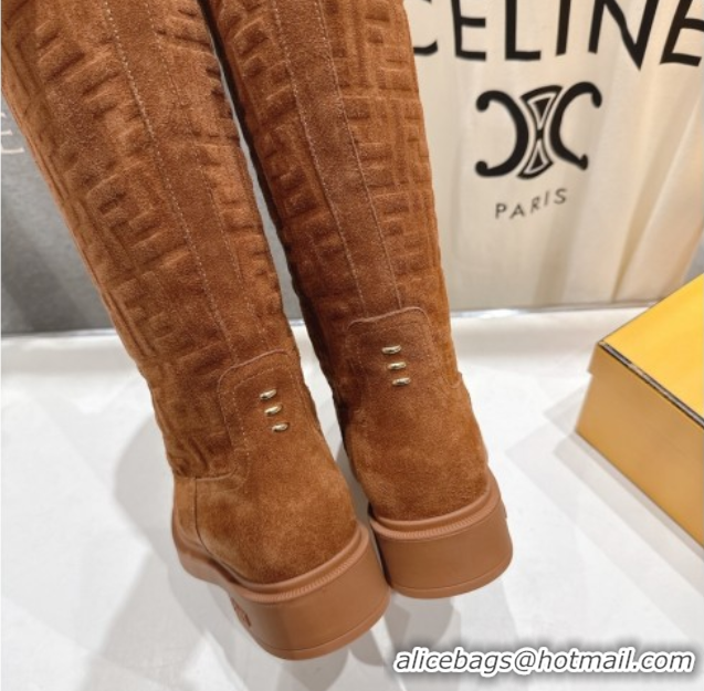 Fashion Fendi Filo Flat High Boots in FF Suede Light Brown 2025 FE103004 1030022
