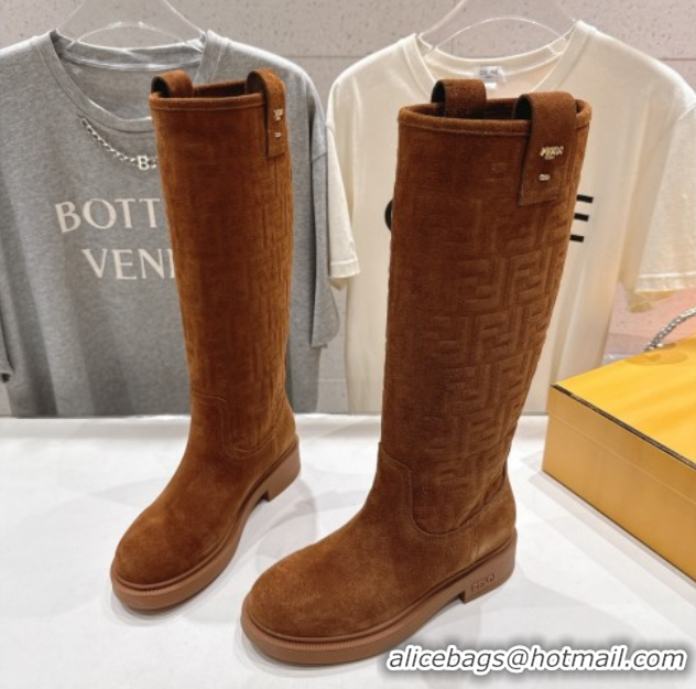 Fashion Fendi Filo Flat High Boots in FF Suede Light Brown 2025 FE103004 1030022