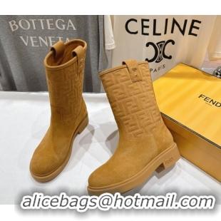 Good Quality Fendi Filo Flat Ankle Boots in FF Suede Yellow 2025 FE103004 1030024