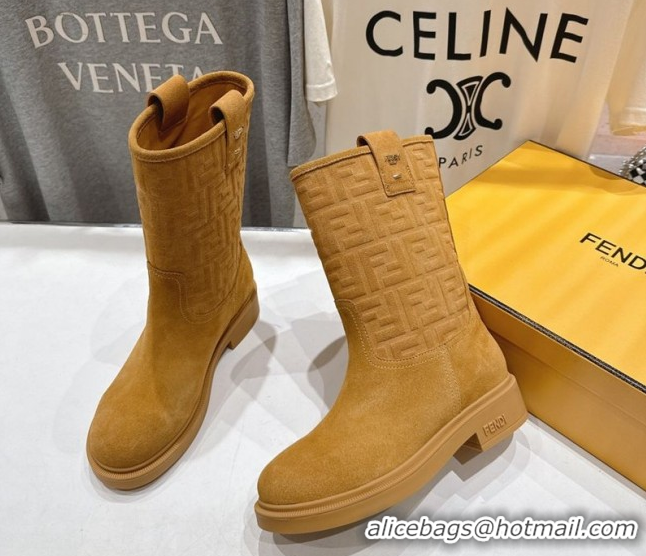 Good Quality Fendi Filo Flat Ankle Boots in FF Suede Yellow 2025 FE103004 1030024