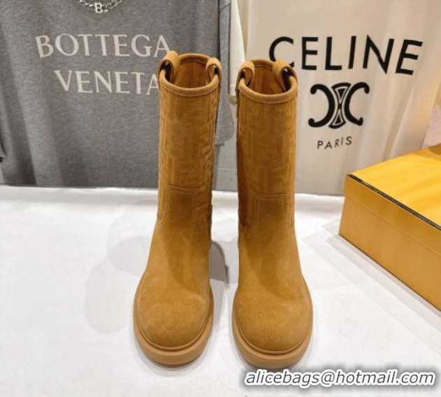 Good Quality Fendi Filo Flat Ankle Boots in FF Suede Yellow 2025 FE103004 1030024