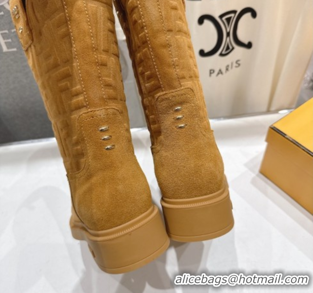 Good Quality Fendi Filo Flat Ankle Boots in FF Suede Yellow 2025 FE103004 1030024