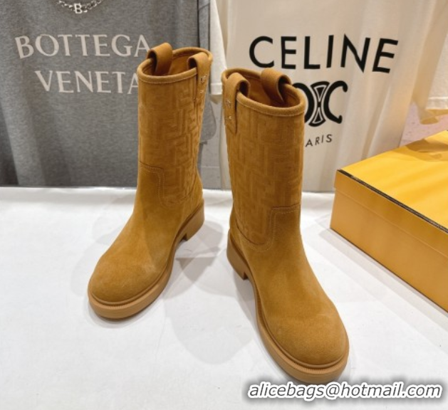 Good Quality Fendi Filo Flat Ankle Boots in FF Suede Yellow 2025 FE103004 1030024