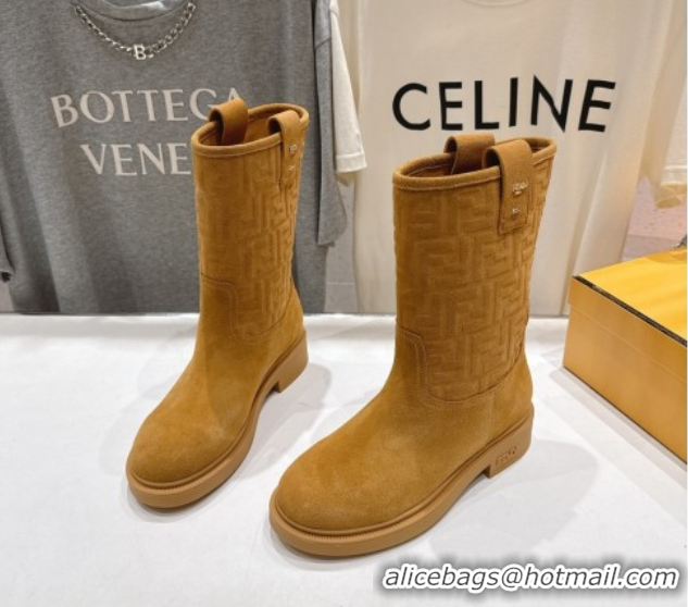 Good Quality Fendi Filo Flat Ankle Boots in FF Suede Yellow 2025 FE103004 1030024