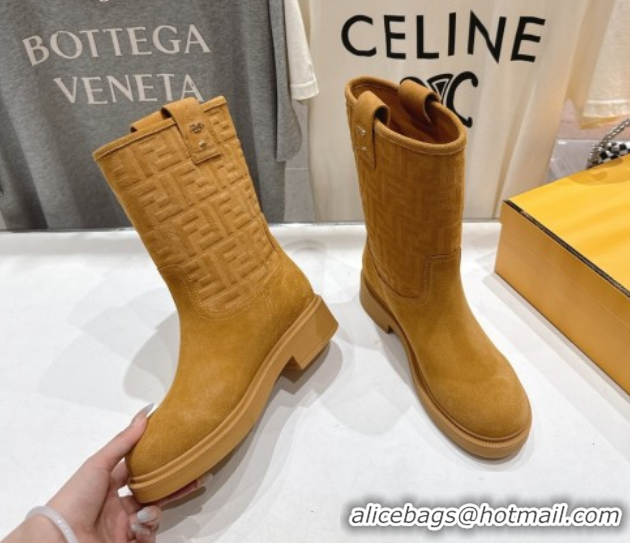 Good Quality Fendi Filo Flat Ankle Boots in FF Suede Yellow 2025 FE103004 1030024