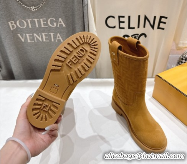 Good Quality Fendi Filo Flat Ankle Boots in FF Suede Yellow 2025 FE103004 1030024