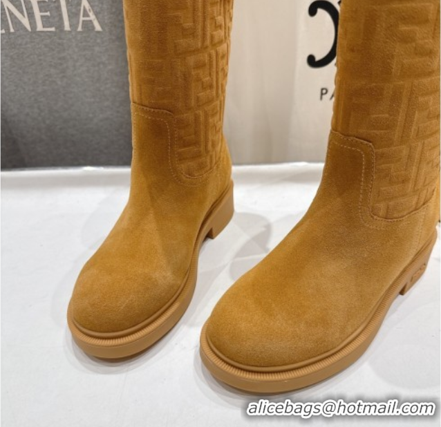 Good Quality Fendi Filo Flat Ankle Boots in FF Suede Yellow 2025 FE103004 1030024