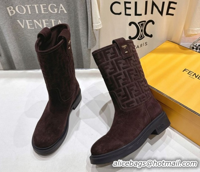 Low Cost Fendi Filo Flat Ankle Boots in FF Suede Dark Brown 2025 FE103004 1030023