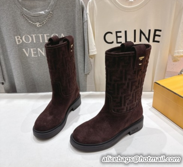 Low Cost Fendi Filo Flat Ankle Boots in FF Suede Dark Brown 2025 FE103004 1030023