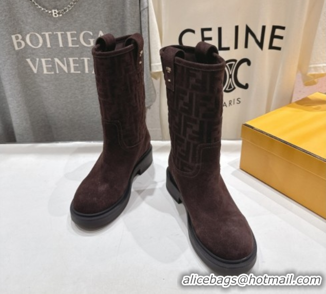 Low Cost Fendi Filo Flat Ankle Boots in FF Suede Dark Brown 2025 FE103004 1030023