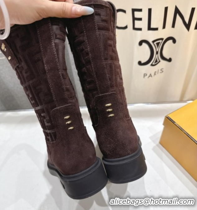 Low Cost Fendi Filo Flat Ankle Boots in FF Suede Dark Brown 2025 FE103004 1030023
