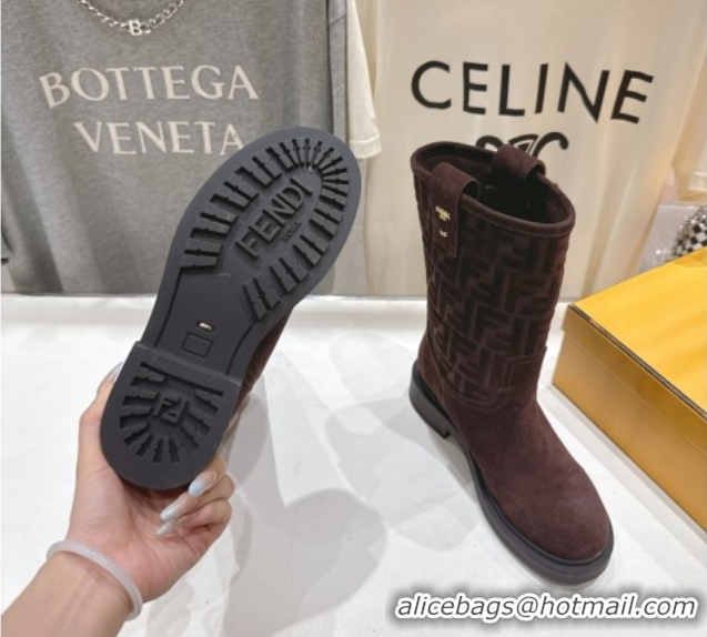 Low Cost Fendi Filo Flat Ankle Boots in FF Suede Dark Brown 2025 FE103004 1030023