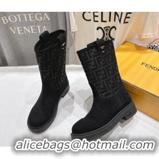 Stylish Fendi Filo Flat Ankle Boots in FF Suede Black 2025 FE103004 1030025