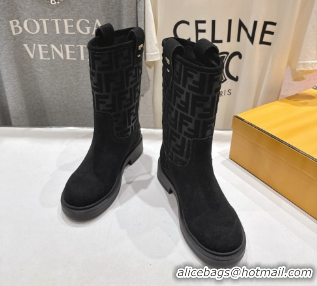 Stylish Fendi Filo Flat Ankle Boots in FF Suede Black 2025 FE103004 1030025