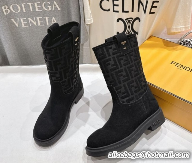 Stylish Fendi Filo Flat Ankle Boots in FF Suede Black 2025 FE103004 1030025