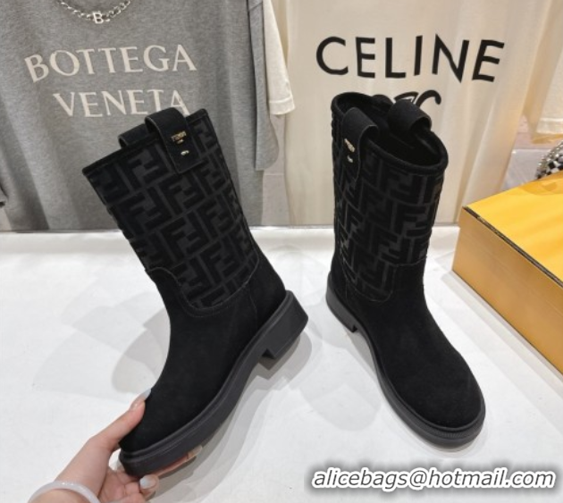Stylish Fendi Filo Flat Ankle Boots in FF Suede Black 2025 FE103004 1030025