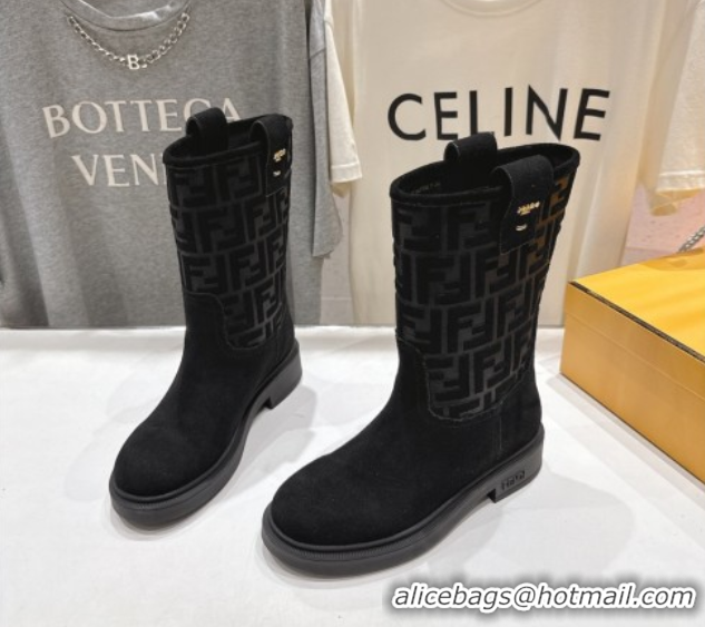 Stylish Fendi Filo Flat Ankle Boots in FF Suede Black 2025 FE103004 1030025