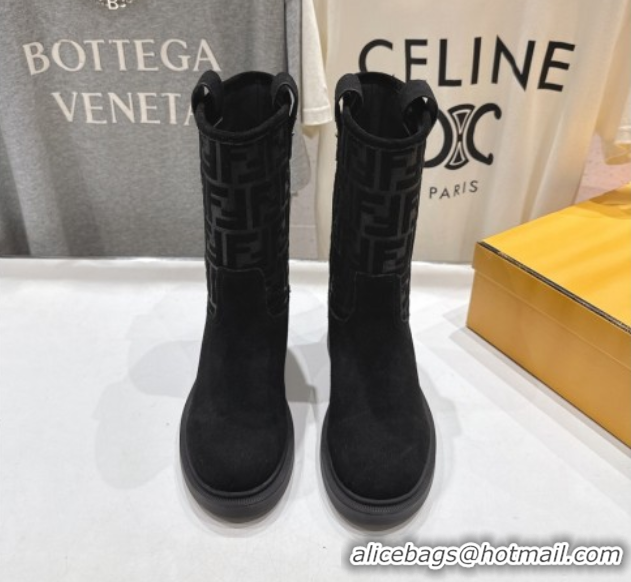 Stylish Fendi Filo Flat Ankle Boots in FF Suede Black 2025 FE103004 1030025