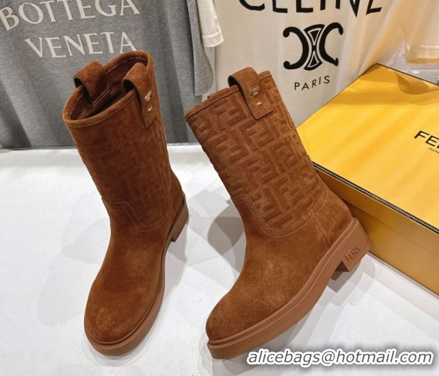 Luxurious Fendi Filo Flat Ankle Boots in FF Suede Light Brown 2025 FE103004 1030026