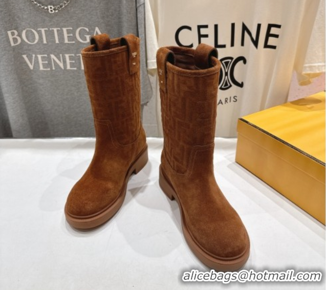 Luxurious Fendi Filo Flat Ankle Boots in FF Suede Light Brown 2025 FE103004 1030026