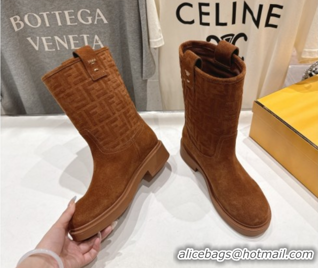 Luxurious Fendi Filo Flat Ankle Boots in FF Suede Light Brown 2025 FE103004 1030026