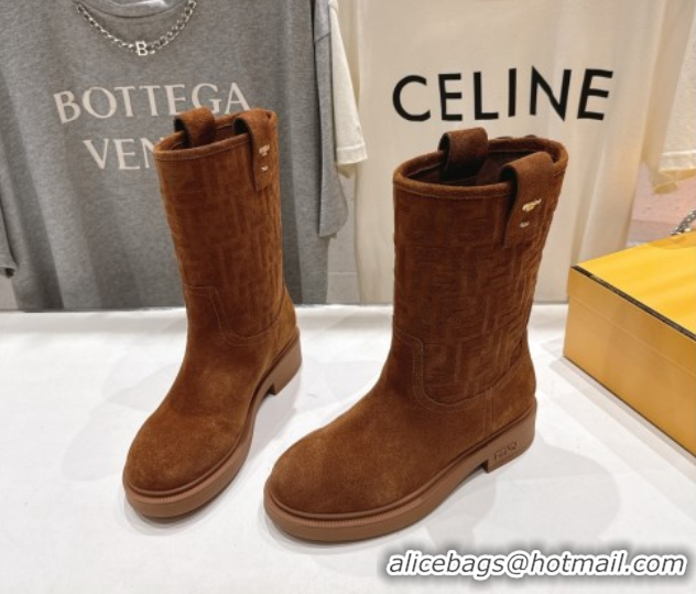 Luxurious Fendi Filo Flat Ankle Boots in FF Suede Light Brown 2025 FE103004 1030026