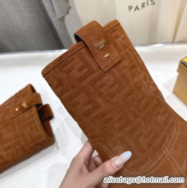 Luxurious Fendi Filo Flat Ankle Boots in FF Suede Light Brown 2025 FE103004 1030026