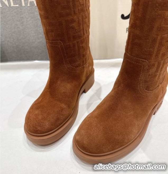 Luxurious Fendi Filo Flat Ankle Boots in FF Suede Light Brown 2025 FE103004 1030026