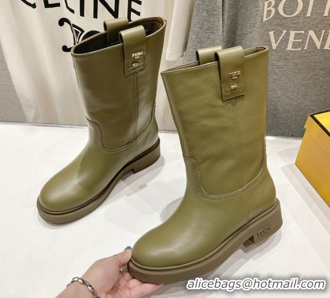 Most Popular Fendi Filo Flat Ankle Boots in Calf Leather Green 2025 FE103004 1030028