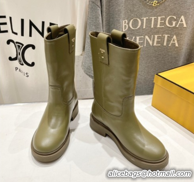 Most Popular Fendi Filo Flat Ankle Boots in Calf Leather Green 2025 FE103004 1030028