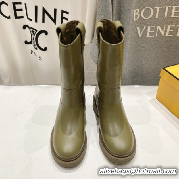 Most Popular Fendi Filo Flat Ankle Boots in Calf Leather Green 2025 FE103004 1030028